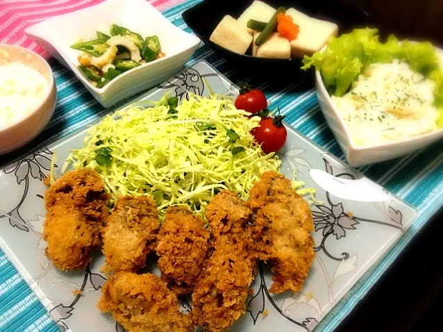 カキフライ、高野豆腐、ポテトサラダ、オクラと竹輪の和え物❤|ゆぅこさん