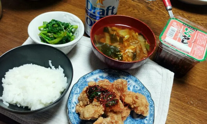 晩御飯(^-^)/唐揚げにらタレかけ＋山芋玉子汁＋春菊のごま和え|シェリリンさん