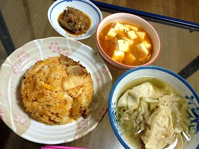 豚キムチチャーハン、麻婆豆腐、餃子スープ、鯖の味噌煮|まゆめろさん