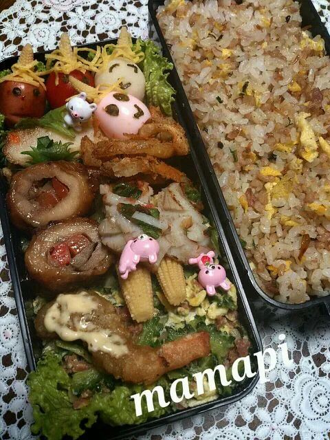 Snapdishの料理写真:おはようごじゃります☆*･ﾟ╰(*´︶`*)╯♡長男お一人様4人の鬼達弁当☆☆☆娘っち弁当だったら良かったけど今日は長男蓋を開けて直ぐに閉めそう。゜(^ω^;)゜。|katumi  ueharaさん