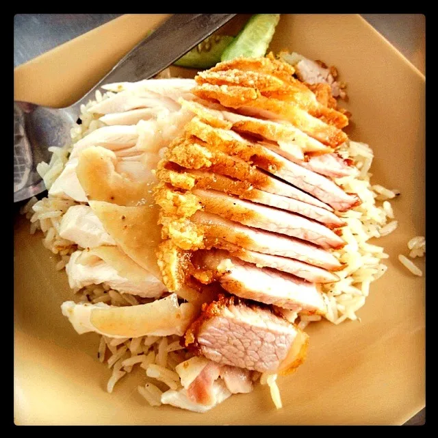 ข้าวมันไก่หมูกรอบ chicken rice with crispy pork|sanさん