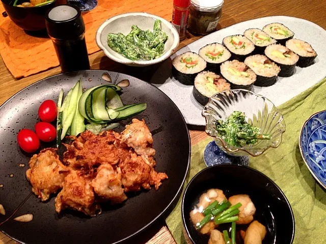 恵方巻き   えそのすり身天  菜の花のマヨ和え  えそのすり身の吸物  トマト  きゅうり|高田恵子さん