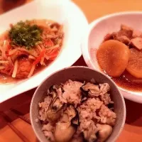 牡蛎御飯&あげ豆腐の野菜あんかけと大根と鶏肉の煮物|manaさん