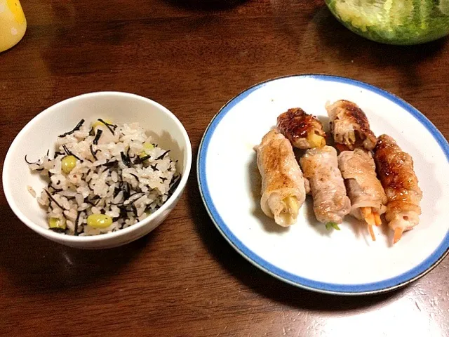 ひじきと枝豆のごはん    肉の野菜巻き|miduさん