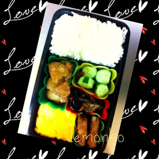 Snapdishの料理写真:２／５お弁当  じゃが芋と鶏肉のピリ辛煮、ハンバーグ、出し巻、もろきゅう、ひじきの煮物|由紀子さん