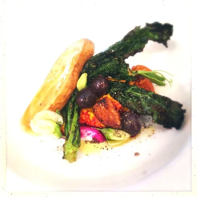 DINOSAUR KALE. . KABOCHA PURÉE. FINGERLING. NICOISE OLIVE. FRIED GARLIC. PICKLED BEET JUICE. PEA TENDRIL. ZA'ATAR|GREG ARNOLDさん