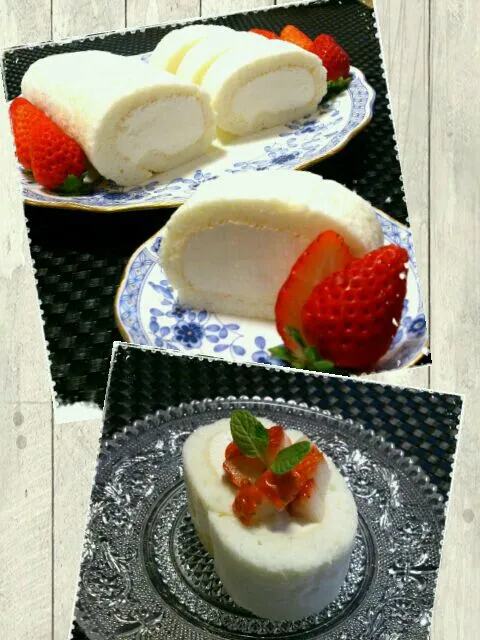 Snapdishの料理写真:くららちゃんとピロちゃんのロールケーキが作りたくって初ロールケーキ☆|すずらんさん