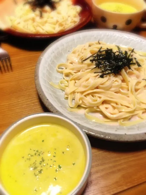 たらこクリームパスタとカボチャ豆乳スープ|さくたえさん