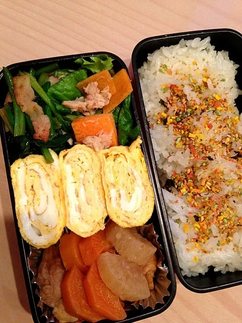 ほうれん草とベーコンの炒め、鳥の煮物、卵焼き、シーチキンサラダのお弁当|涼さん