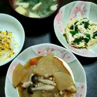 Snapdishの料理写真:豚と大根の生姜煮、豆腐えのきほうれん草の塩麹味卵とじ、薄揚げとネギのお味噌汁、ごはん|さやたんさん