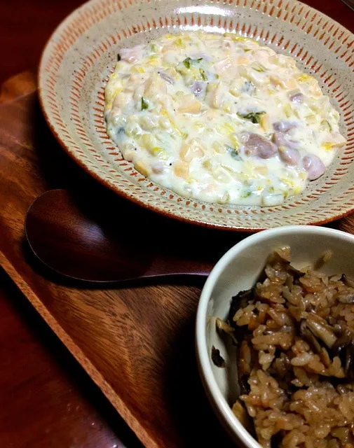 鶏肉と白菜のクリーム煮、きのこご飯|Mikikoさん