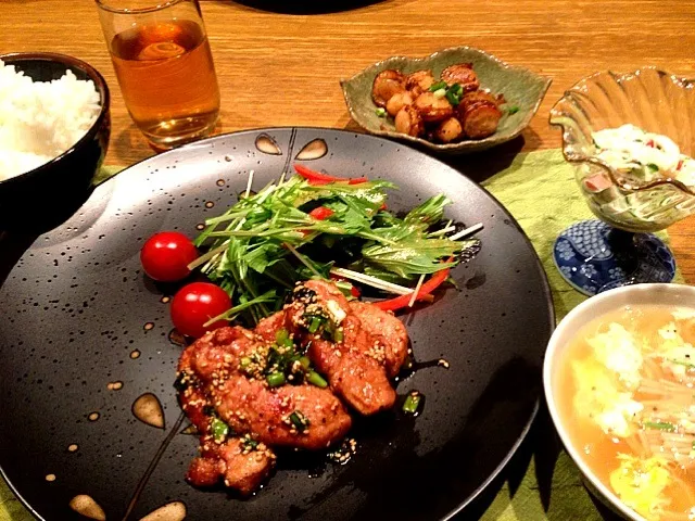 豚ヒレの中華風からあげ  水菜サラダ  中華たまごスープ  ホタテのバター焼き  かにかまときゅうりのサラダ|高田恵子さん