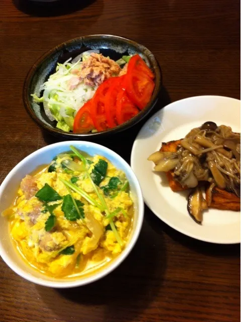 親子丼、厚揚げのキノコあんかけ、ツナサラダ|きりママさん