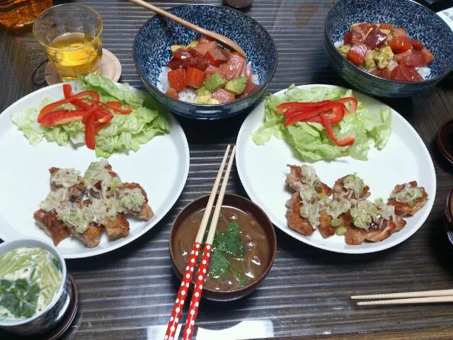 マグロアボカド丼、鶏肉のネギしおダレ、茶碗蒸し、味噌汁。|リコさん