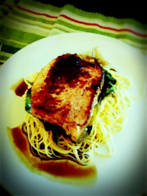 Snapdishの料理写真:Pork Chop on top of Angel Hair pasta with a balsamic reduction|Stephanie Lagmanさん