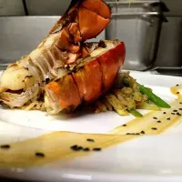 Snapdishの料理写真:Split lobster tail, lobster miso fried rice, asian inspired julienne veg, peanut sesame sauce|Mikeさん