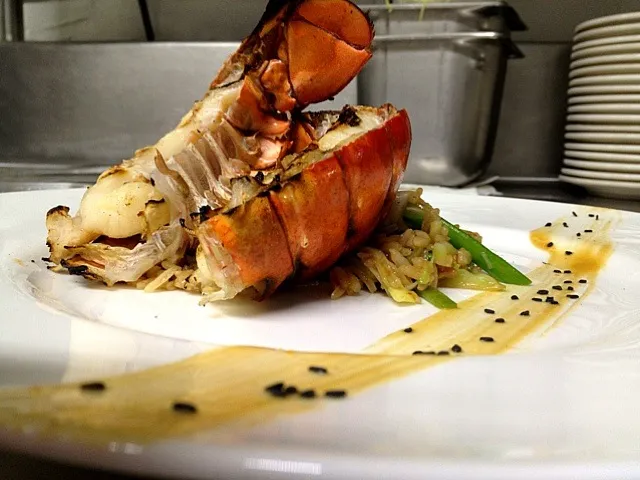 Snapdishの料理写真:Split lobster tail, lobster miso fried rice, asian inspired julienne veg, peanut sesame sauce|Mikeさん