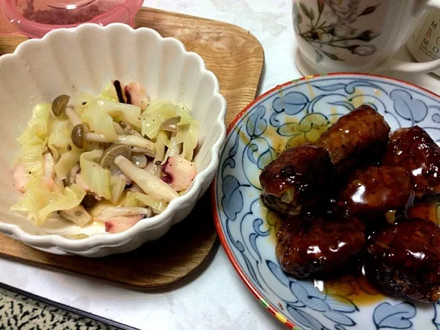 Snapdishの料理写真:肉だんごの甘酢あんかけ、たこと野菜の蒸しサラダ|ちえさん