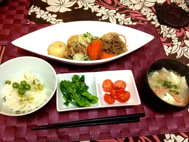 無水肉じゃがnまめごはんn菜の花のごまぽんかけnトマトの塩麹漬けn具沢山おみそしる|SAYAKAさん