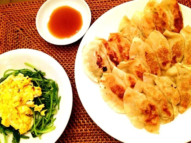 青じそ餃子、卵と青菜の炒め物/Gyoza dumplings and Sauteed green leafy vegetables with egg|ペンギンさん