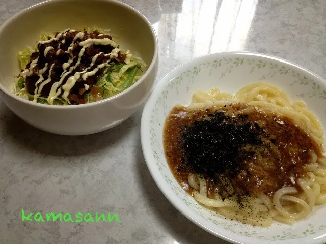 Snapdishの料理写真:のんちゃんのキノコマリネで餡掛けうどん、夕べのお肉でロコモコ風？？（笑）|かまさん