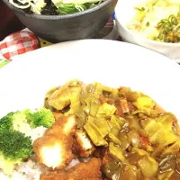 キャベツカレーササミカツのっけ、豆腐サラダゴマ山椒ドレッシング、白菜とツナの卵とじ|ぶんはさん