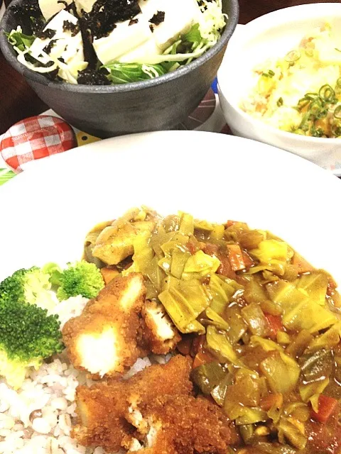 Snapdishの料理写真:キャベツカレーササミカツのっけ、豆腐サラダゴマ山椒ドレッシング、白菜とツナの卵とじ|ぶんはさん