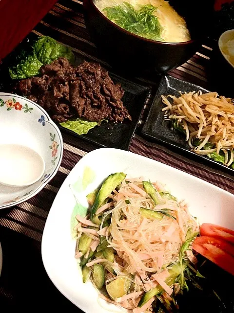 ♡焼肉ダレの牛肉炒め•中華風春雨サラダ•たまごスープ♡|♡♡♡ルン♡♡♡さん