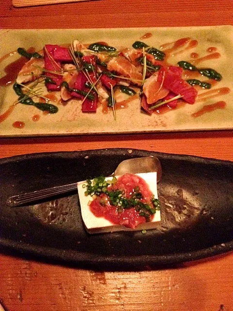 クリームチーズ豆腐の酒盗のせ＆ふぐのタタキ すだちポン酢と菊菜ピュレ|あんさん