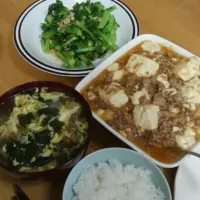 ★麻婆豆腐 ★なばなの青菜炒め ★ワカメとなめこの玉子スープ|＊胡蝶＊さん