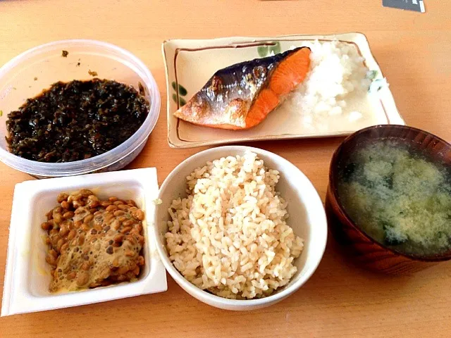 Snapdishの料理写真:塩鮭、納豆、ワカメの味噌汁＋山椒入り、玄米ご飯|TonyYamadaさん