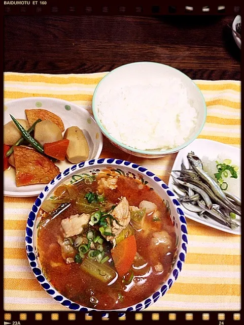 野菜・お肉たっふりチゲスープ  里芋の煮物・こうなごと大根おろし|えみちさん