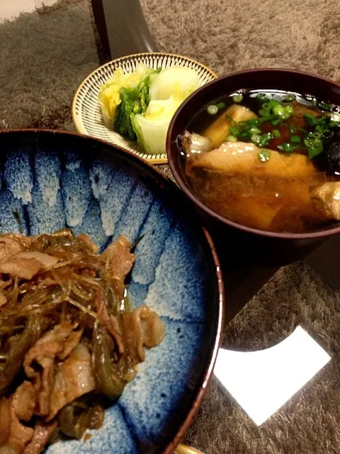 いんげんと豚肉の炒め煮、ぶりとねぎのみぞれスープ、白菜の浅漬け|やっちゃんさん