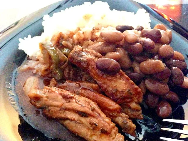 Snapdishの料理写真:from Rep.Dominica,pollo guisado y habichuela  ドミニカ共和国より。ドミニカチキンと煮豆ごはん。|romieさん