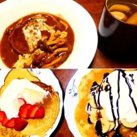 Snapdishの料理写真:煮込みハンバーグとパンケーキ|ゆったんさん