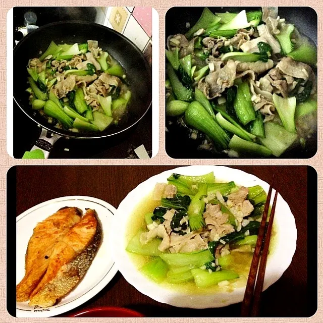 Stir fried Baby Bok Choy/ Chinggensai and grilled salmon|shaine91さん