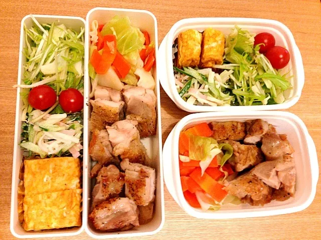 お弁当♡鶏モモ焼き、温野菜、卵焼き、ハムと大根のマヨサラダ、サラダ|ウサコさん