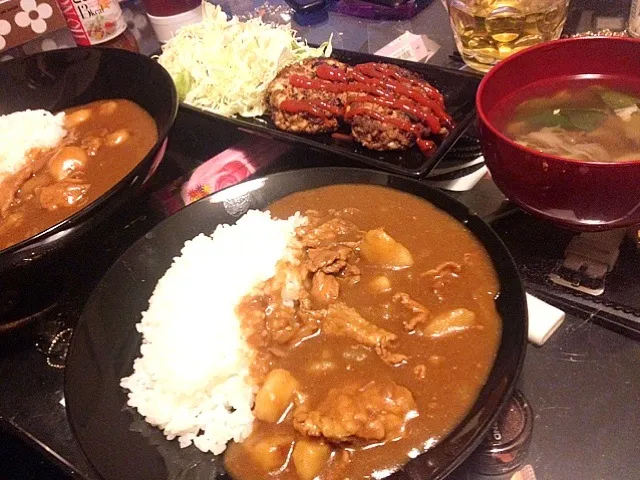 カレーライス、ガーリック豆腐ハンバーグ、舞茸のスープ|tomi-eさん