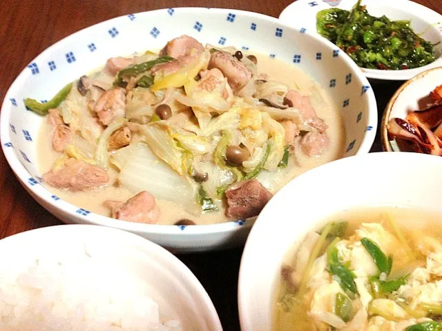 白菜鶏肉の豆乳煮と豆苗の卵とじ味噌汁|きょうこさんさん