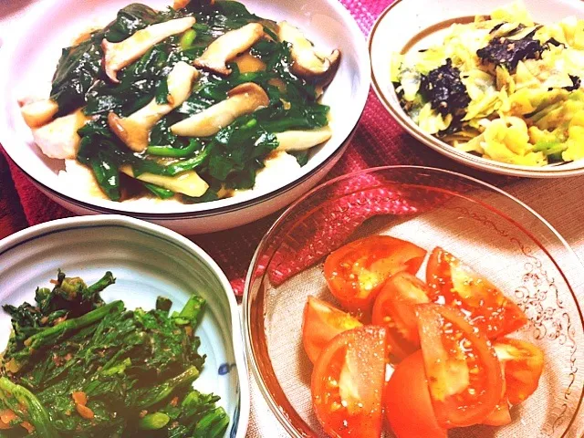 ●鶏むね肉ニラあんかけ ●キャベツ海苔チーズ和え ●冷やしトマト ●春菊梅和え|ぷみさん