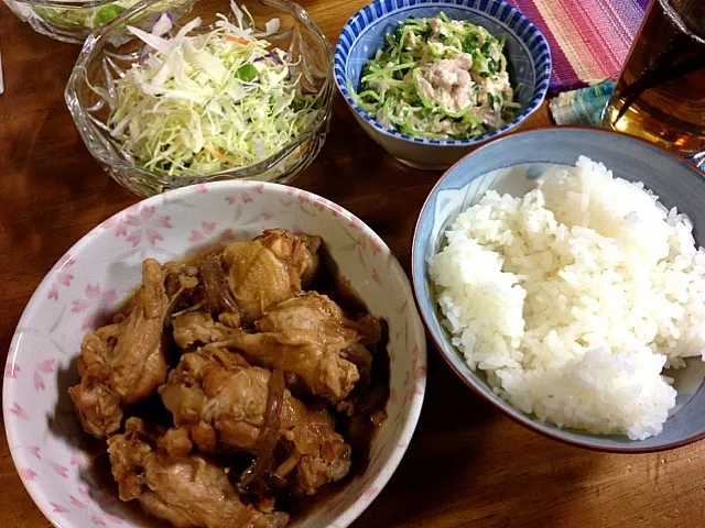 鶏のさっぱり煮、豆苗とツナのサラダ、キャベツ|すかラインさん