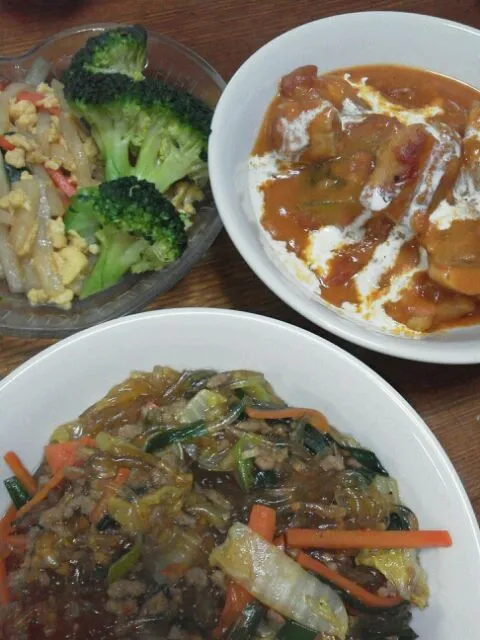 麻婆春雨、鶏肉とかぼちゃのトマト煮、中華風サラダ|京子さん