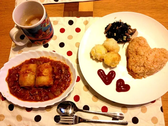 ロールキャベツ、キャロットライス、ポテトボール、ひじきサラダ|なおさん