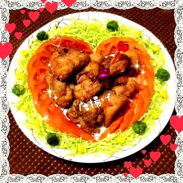 旦那の大好物★唐揚げ〜ayako1015さんのハートトマトの盛り付けver.～ (Karaage🐔 :deep fried chicken )|まるちゃんさん