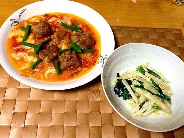 豚ひき肉のチーズトマト煮&ほうれん草とじゃがいものサラダゆず風味|ふぅさんのママさん