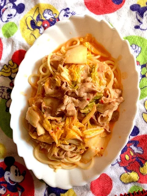 Snapdishの料理写真:豚キムチクリームパスタ|mayuさん