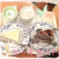 500円のケーキセット‼凄く美味しかった^o^    チーズケーキ。チョコケーキ。抹茶ラテ。カフェオレ。|eri1202さん