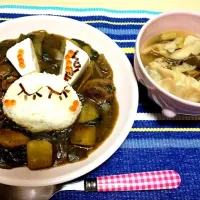 LOVEちゃんデコカレー&餃子入り野菜スープ♡|たえさん