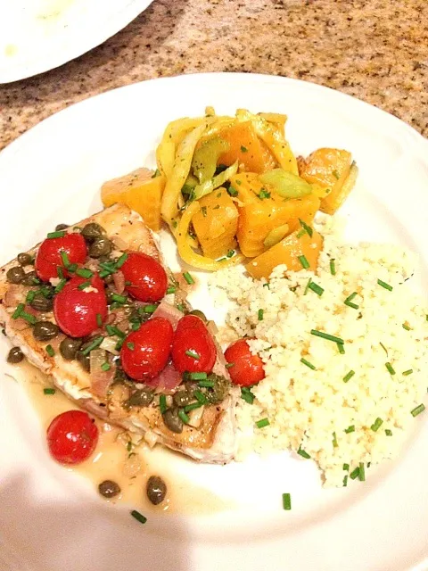 Pan roasted sword fish with a caper Lemon tomato sauce, golden beet and fennel salad and couscous yum!!|christina marie 😋🍷🐼💋💚さん