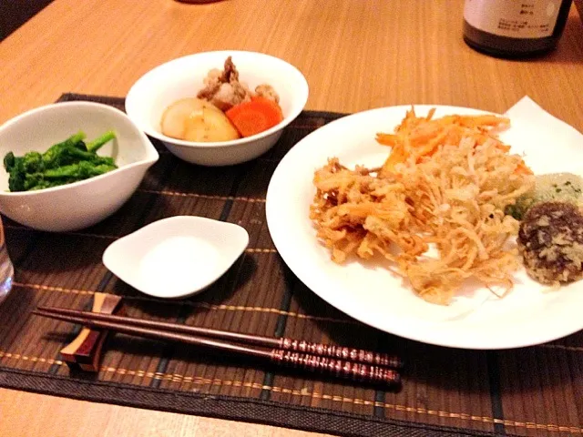 野菜の天ぷら、肉じゃが、菜の花のからし和え|ウサコさん